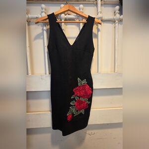 Papaya Black Midi Dress with Red Floral Design